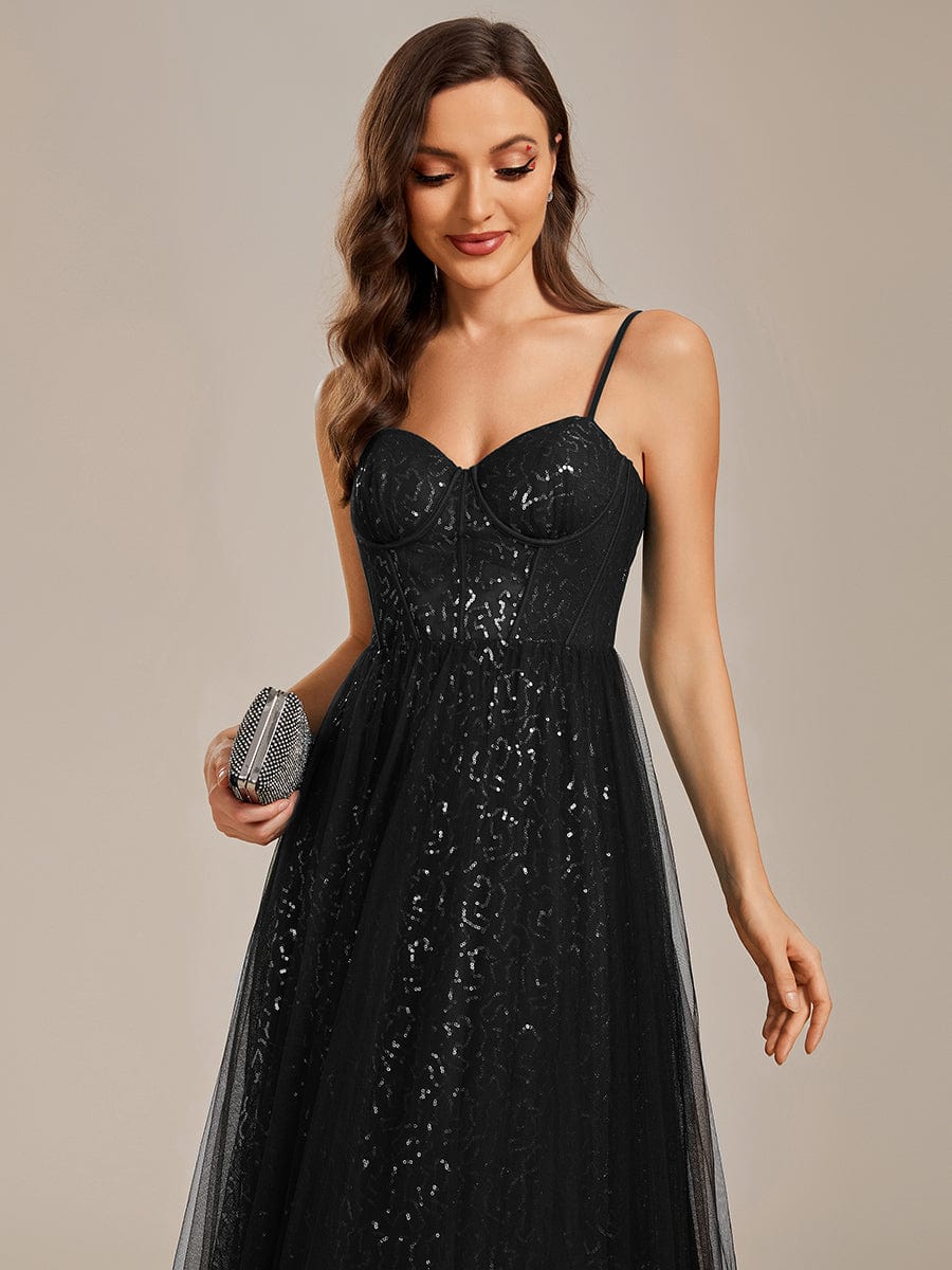 Sequin Embellished A-Line Evening Gown with Illusion Neckline and Tulle Overlay