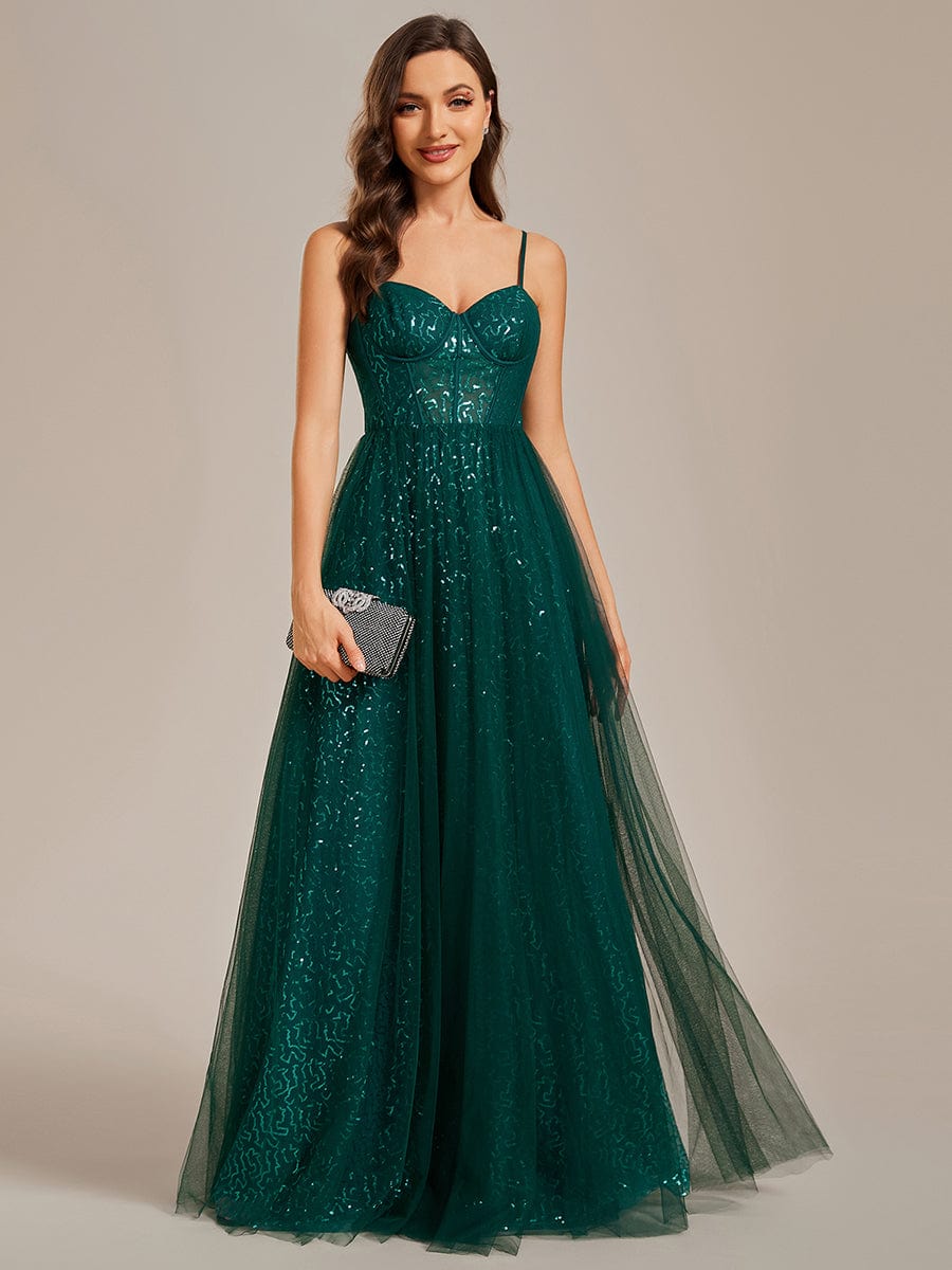 Sequin Embellished A-Line Evening Gown with Illusion Neckline and Tulle Overlay