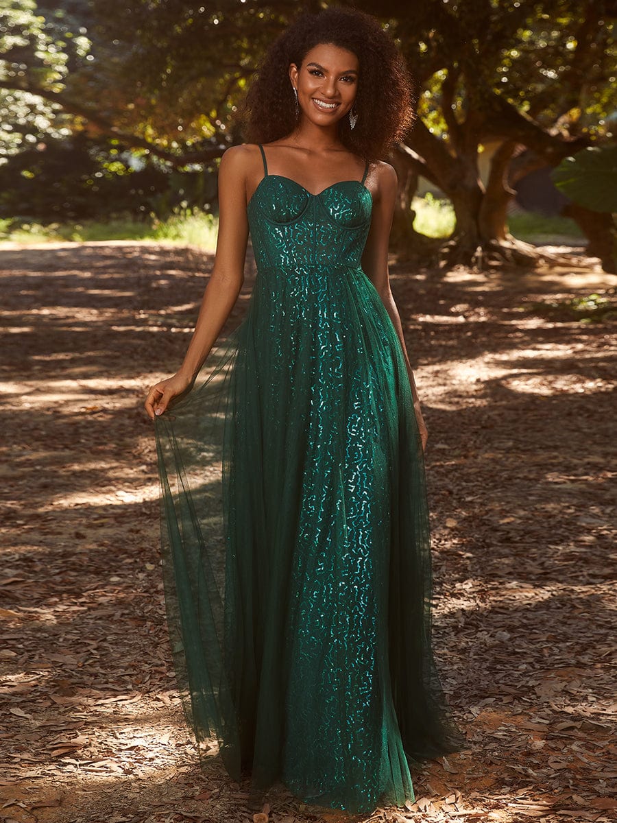Sequin Embellished A-Line Evening Gown with Illusion Neckline and Tulle Overlay