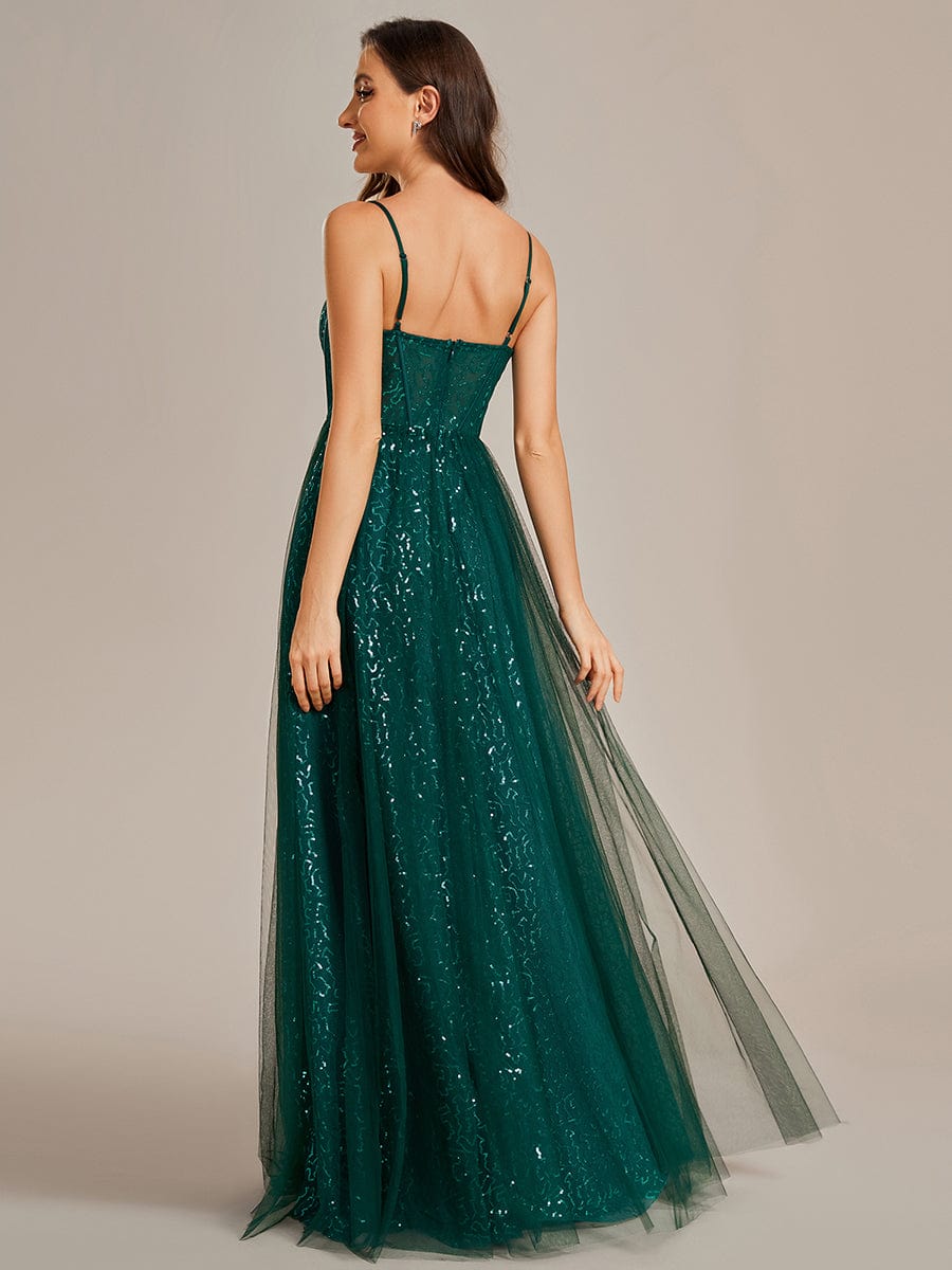 Sequin Embellished A-Line Evening Gown with Illusion Neckline and Tulle Overlay