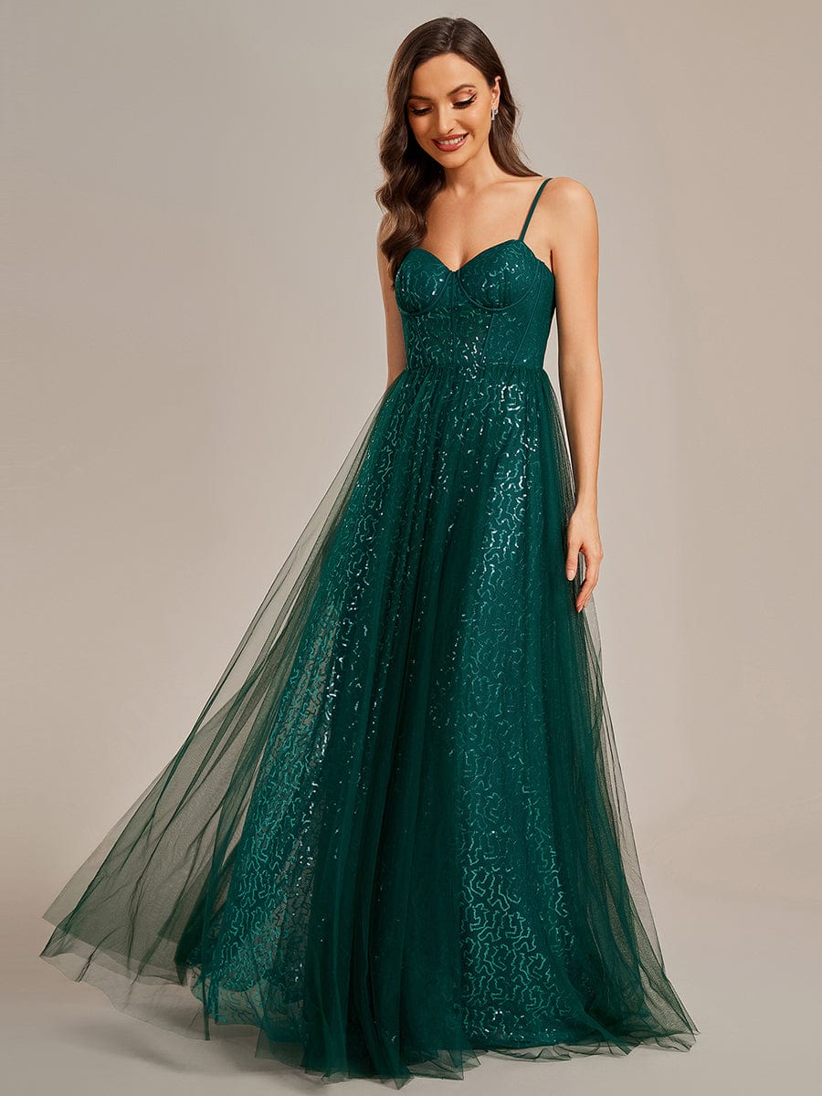 Sequin Embellished A-Line Evening Gown with Illusion Neckline and Tulle Overlay