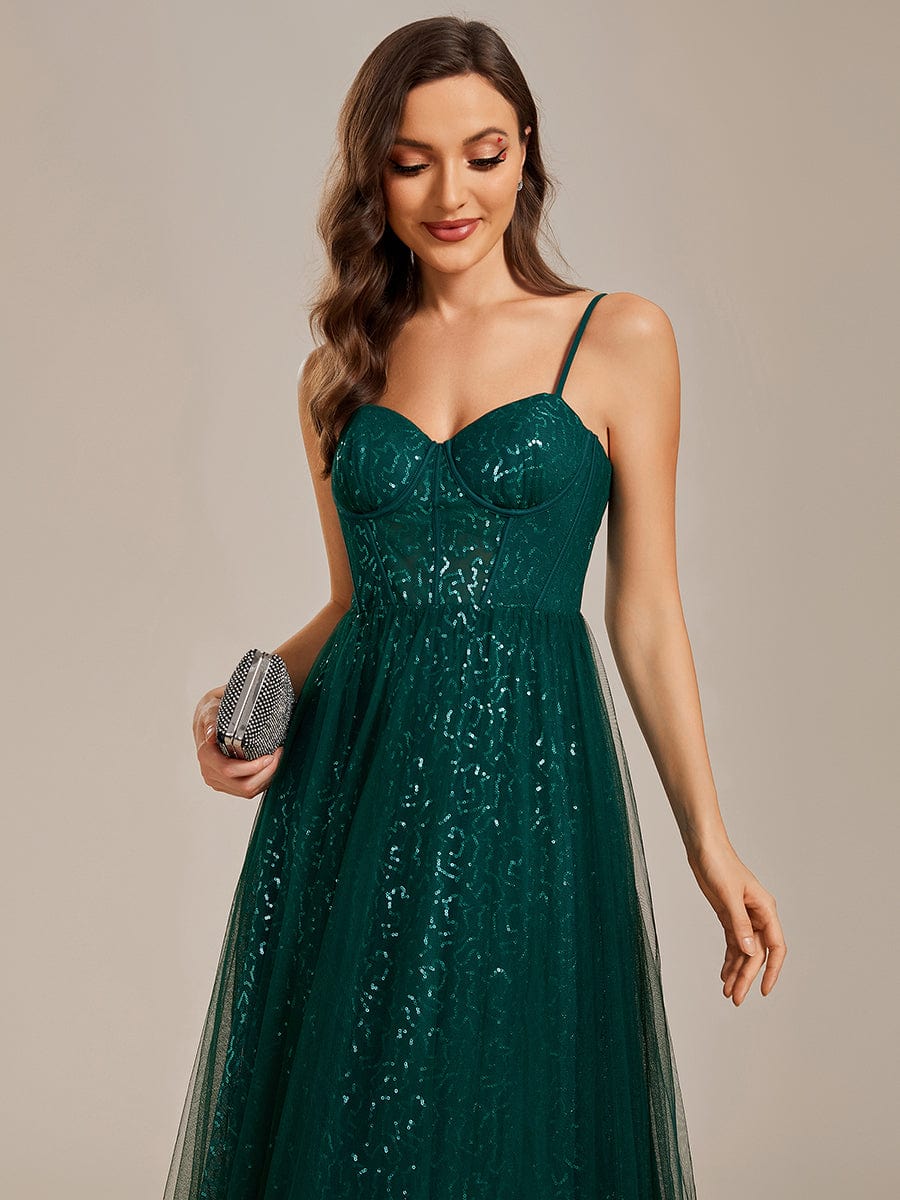 Sequin Embellished A-Line Evening Gown with Illusion Neckline and Tulle Overlay