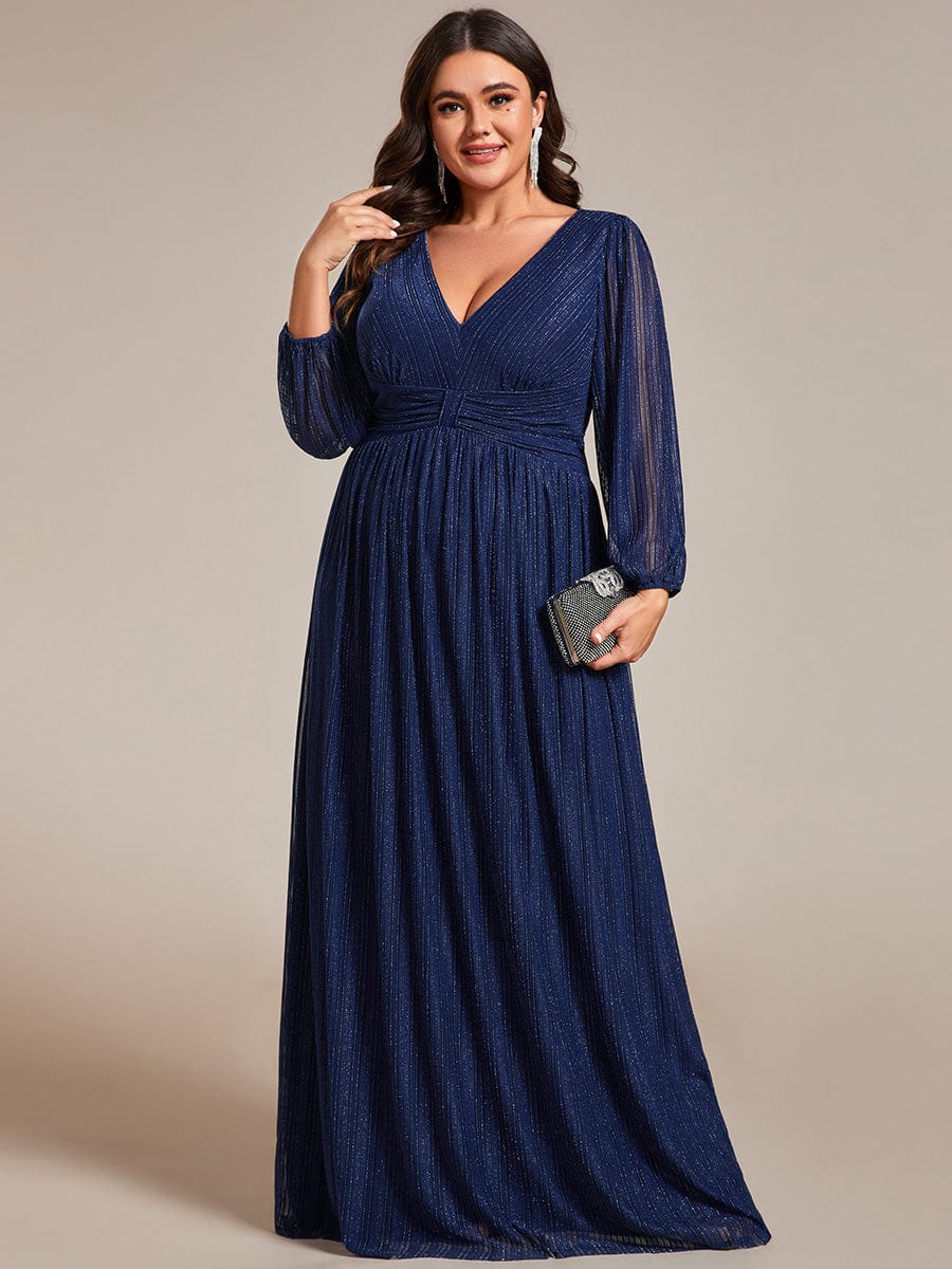 Elegant Plus Size Sequin Empire Waist Evening Gown with Sheer Sleeves