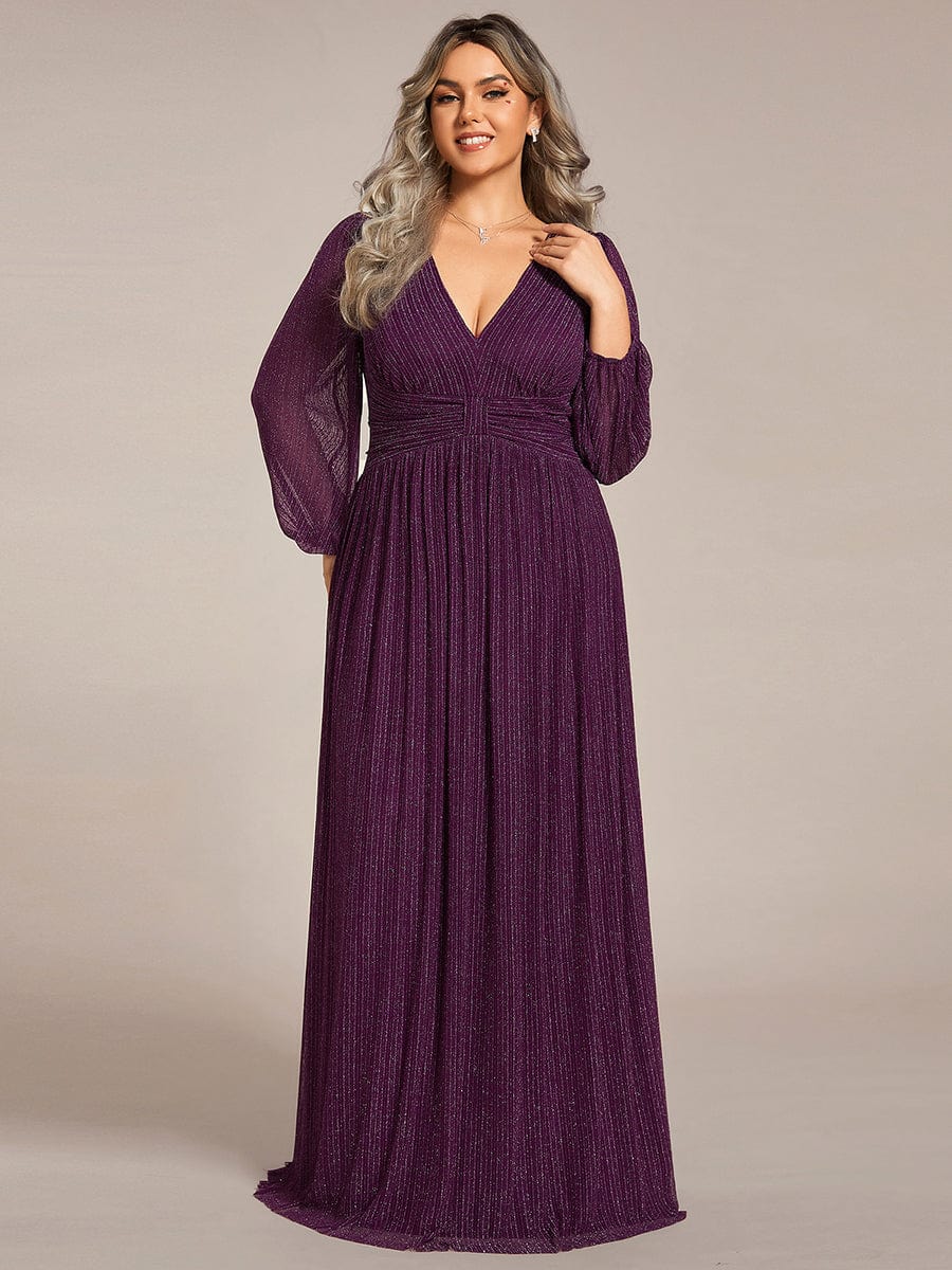 Elegant Plus Size Sequin Empire Waist Evening Gown with Sheer Sleeves
