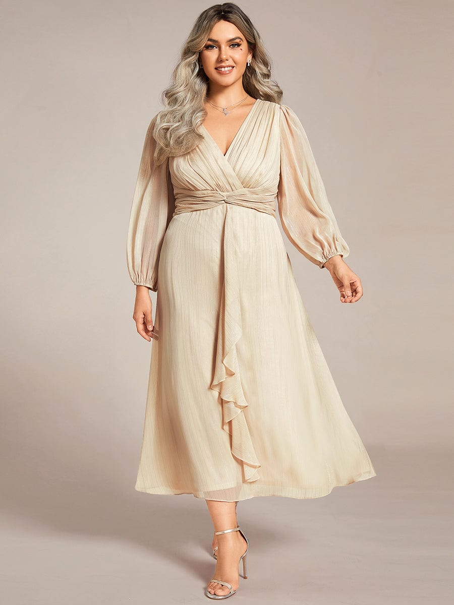 Curvy Confidence Twist Knot Lotus Leaf Evening Dress with Long Sleeves