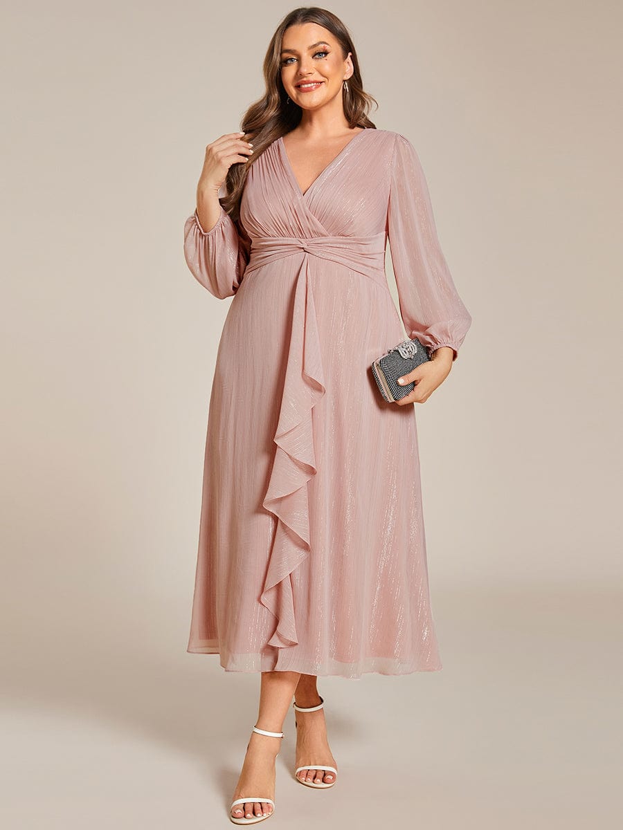 Curvy Confidence Twist Knot Lotus Leaf Evening Dress with Long Sleeves
