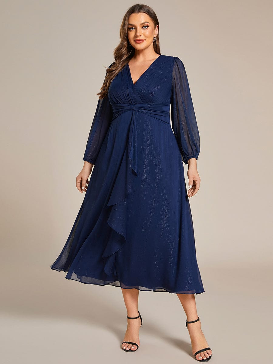 Curvy Confidence Twist Knot Lotus Leaf Evening Dress with Long Sleeves