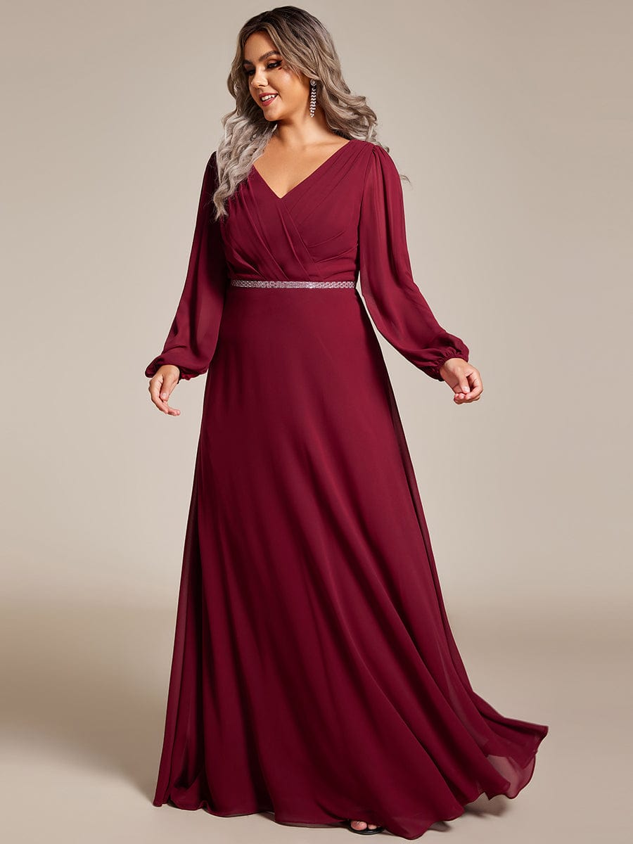 Shiny Belt V-Neck Chiffon Evening Gown with Pleats