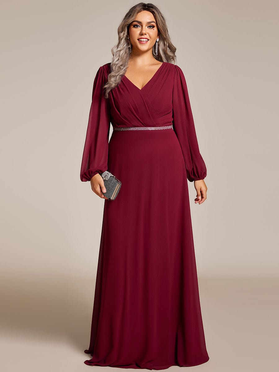 Curve-Enhancing V-Neck Sheer-Sleeved A-Line Chiffon Evening Gown