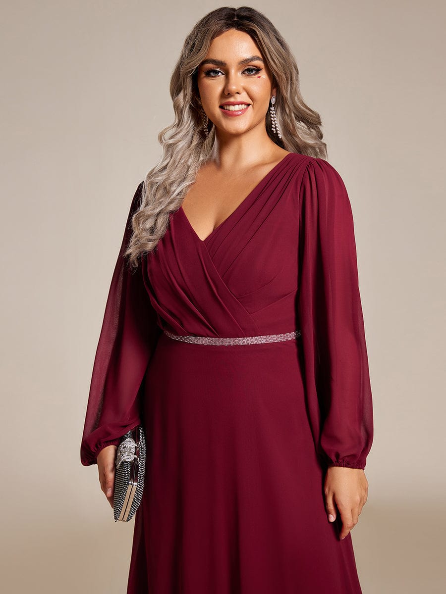 Curve-Enhancing V-Neck Sheer-Sleeved A-Line Chiffon Evening Gown