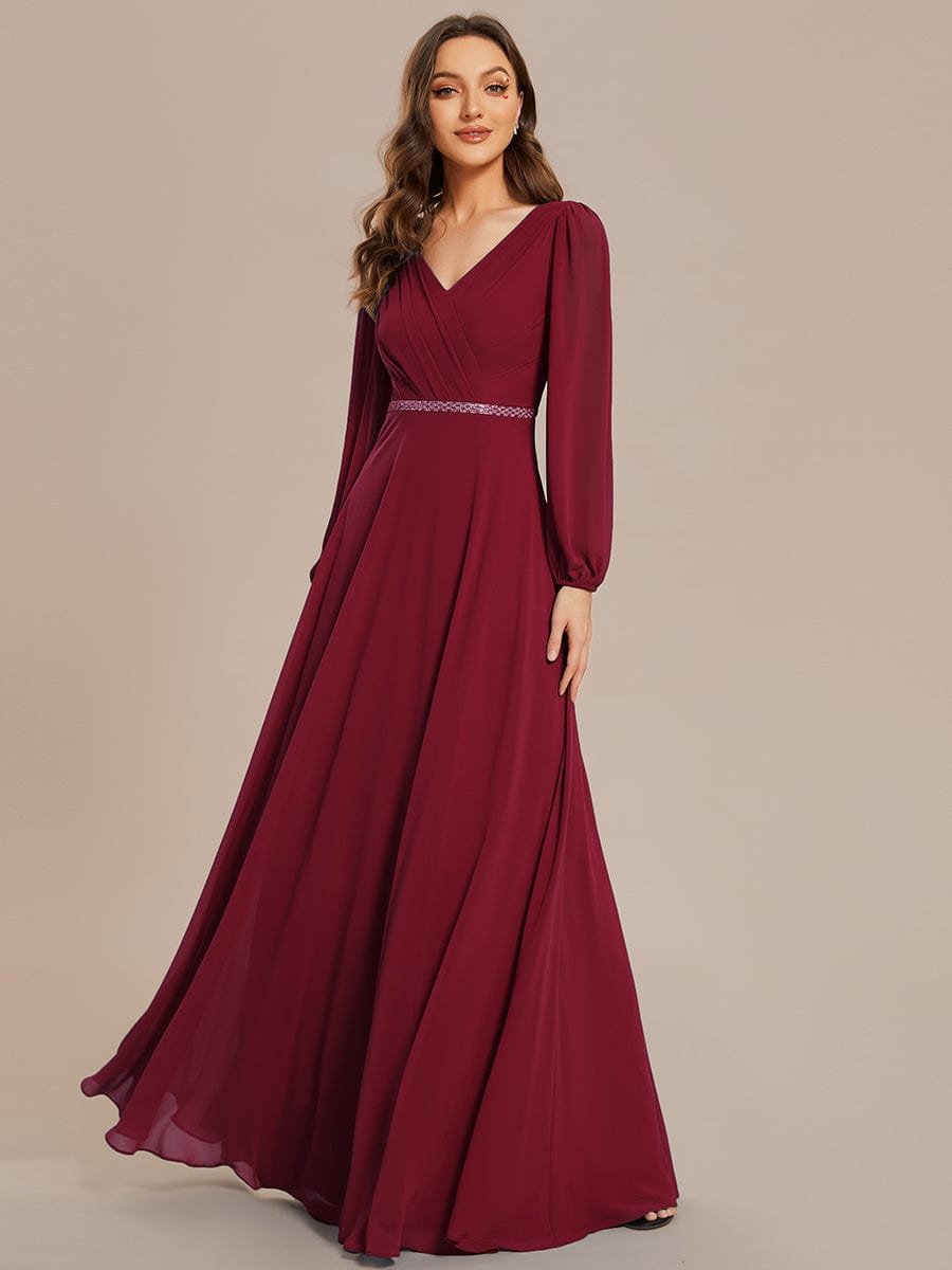 Shiny Belt V-Neck Chiffon Evening Gown with Pleats