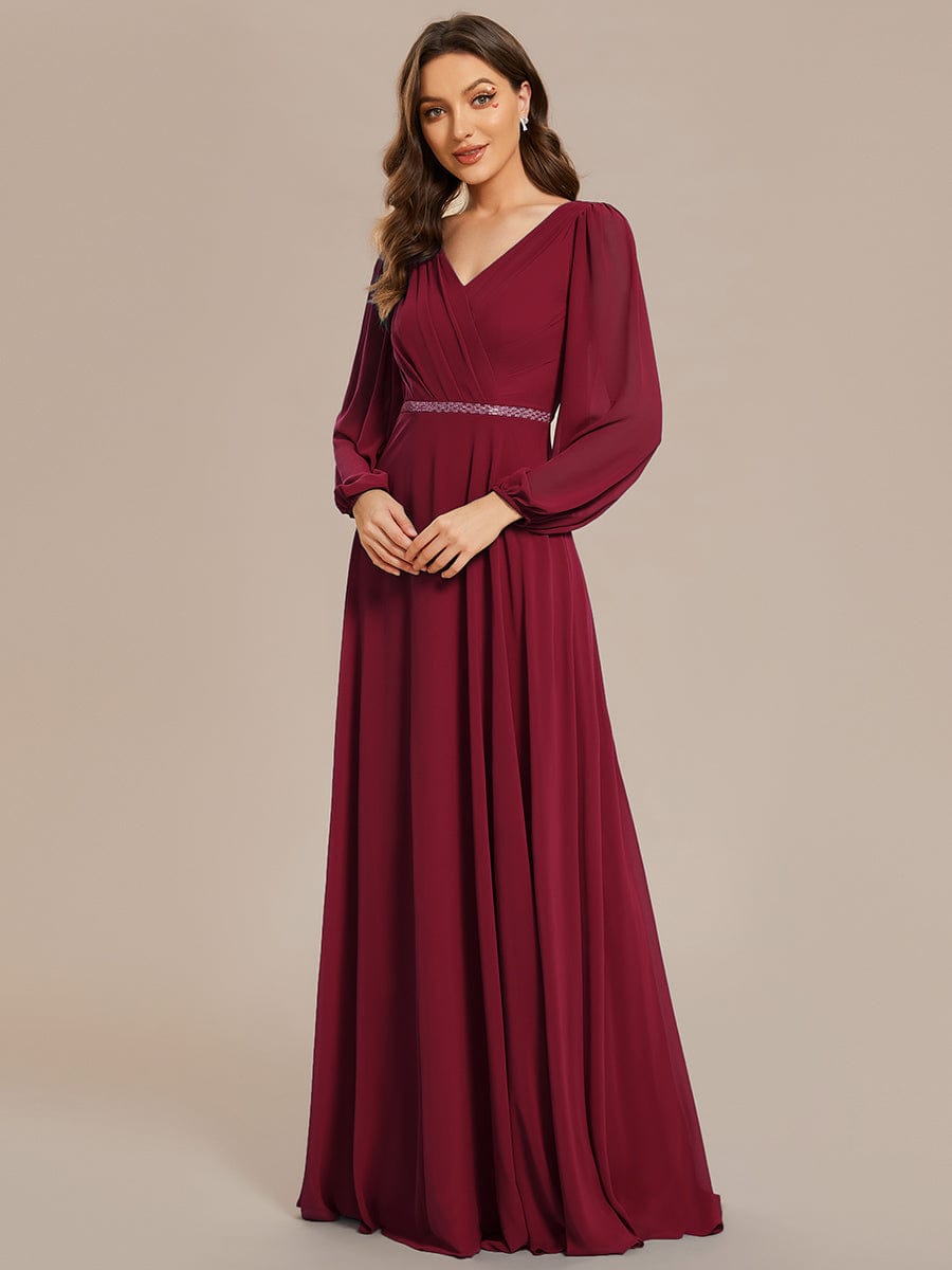 Shiny Belt V-Neck Chiffon Evening Gown with Pleats