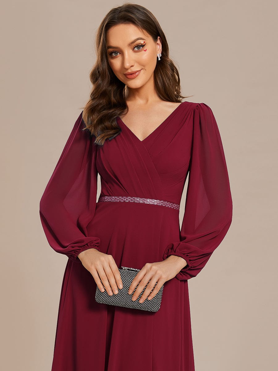 Shiny Belt V-Neck Chiffon Evening Gown with Pleats