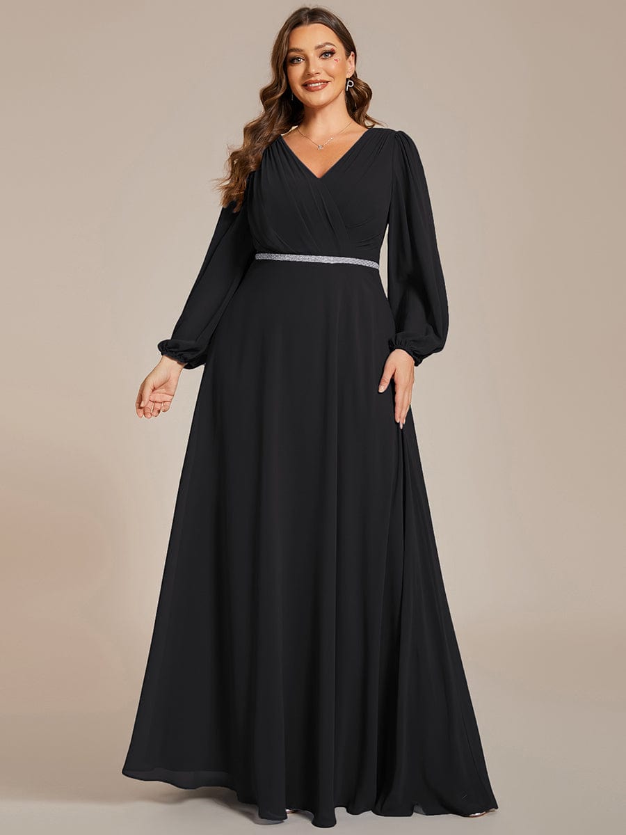 Curve-Enhancing V-Neck Sheer-Sleeved A-Line Chiffon Evening Gown