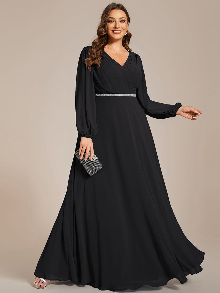 Curve-Enhancing V-Neck Sheer-Sleeved A-Line Chiffon Evening Gown