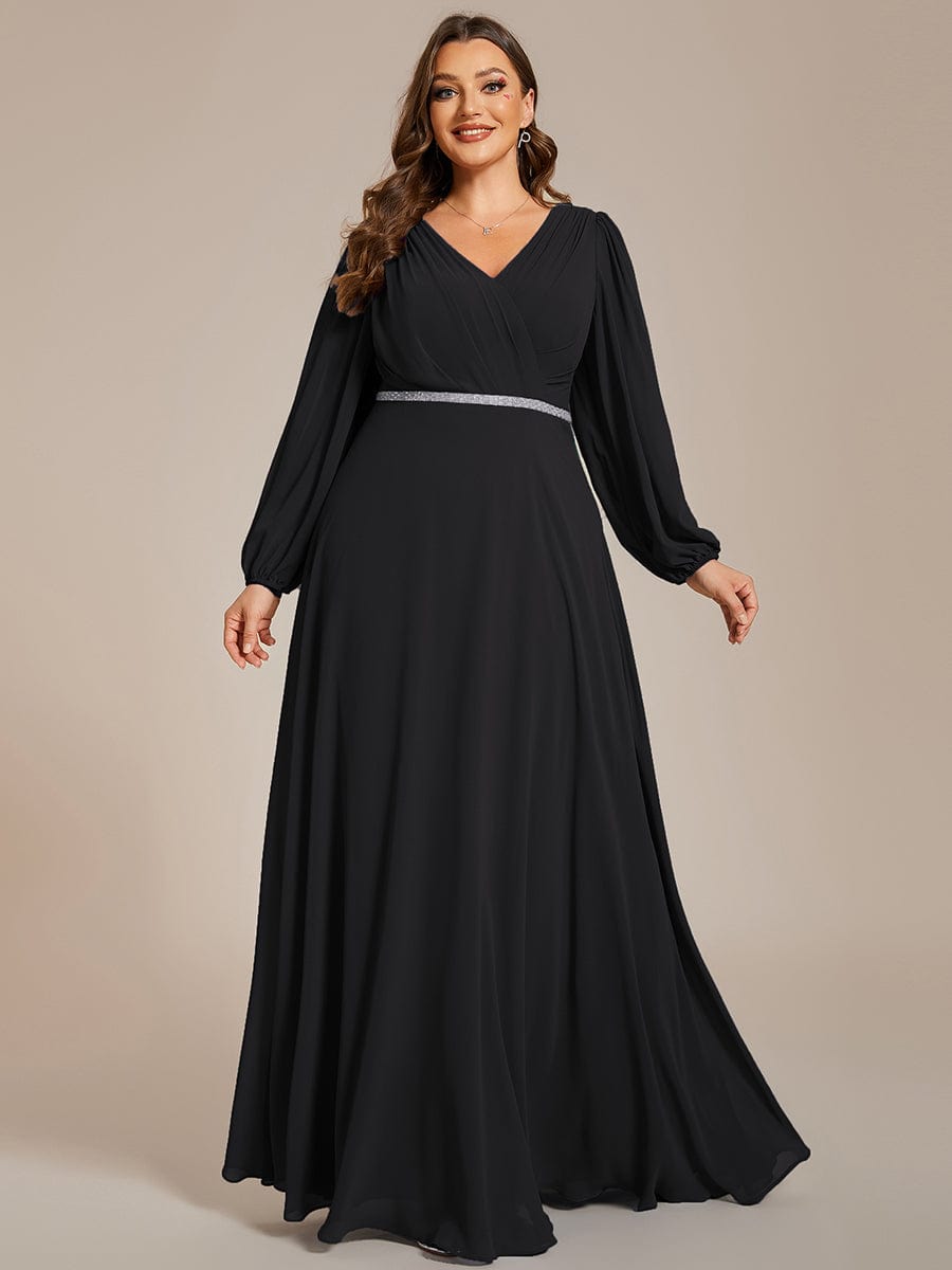 Curve-Enhancing V-Neck Sheer-Sleeved A-Line Chiffon Evening Gown