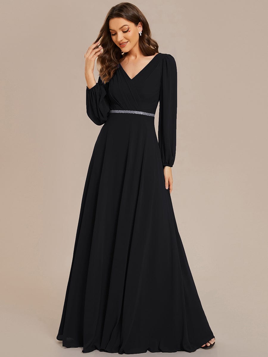 Shiny Belt V-Neck Chiffon Evening Gown with Pleats