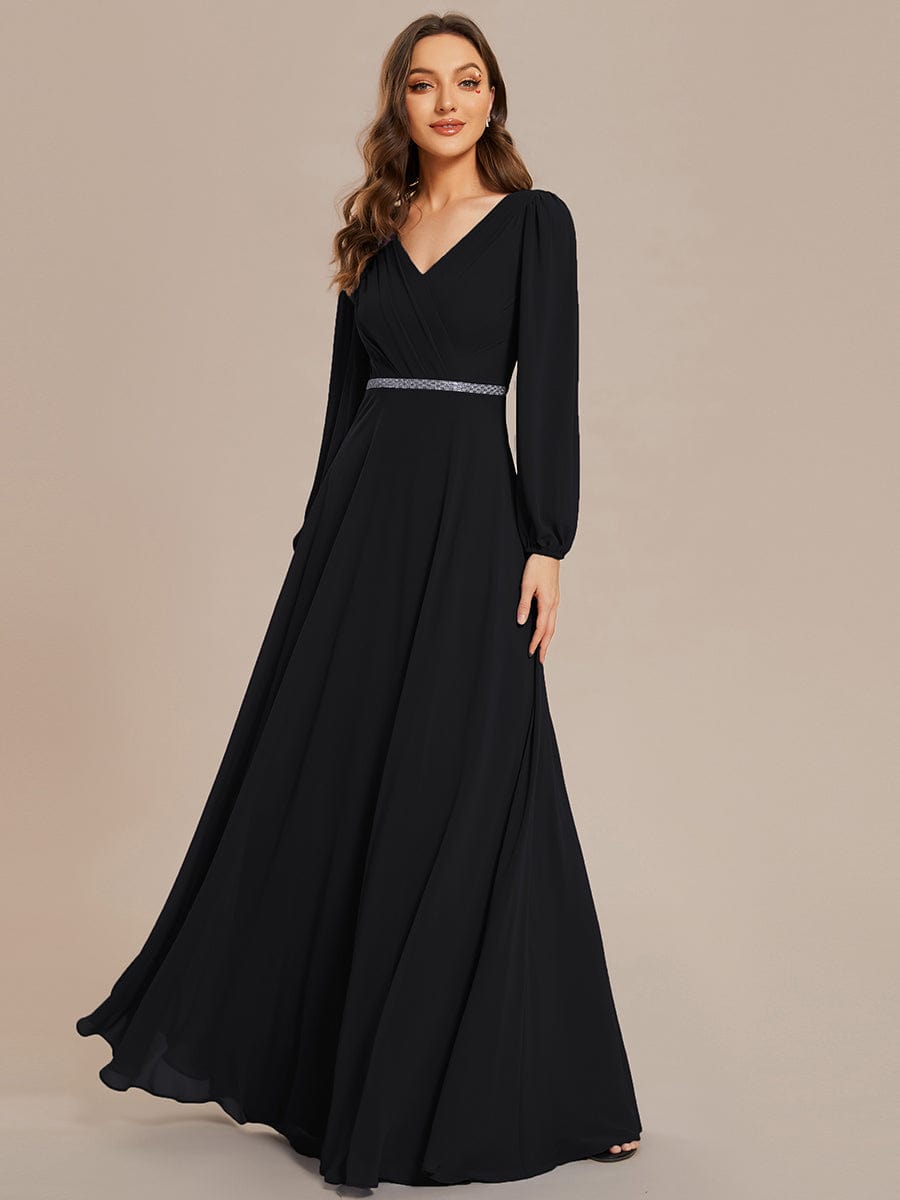 Shiny Belt V-Neck Chiffon Evening Gown with Pleats