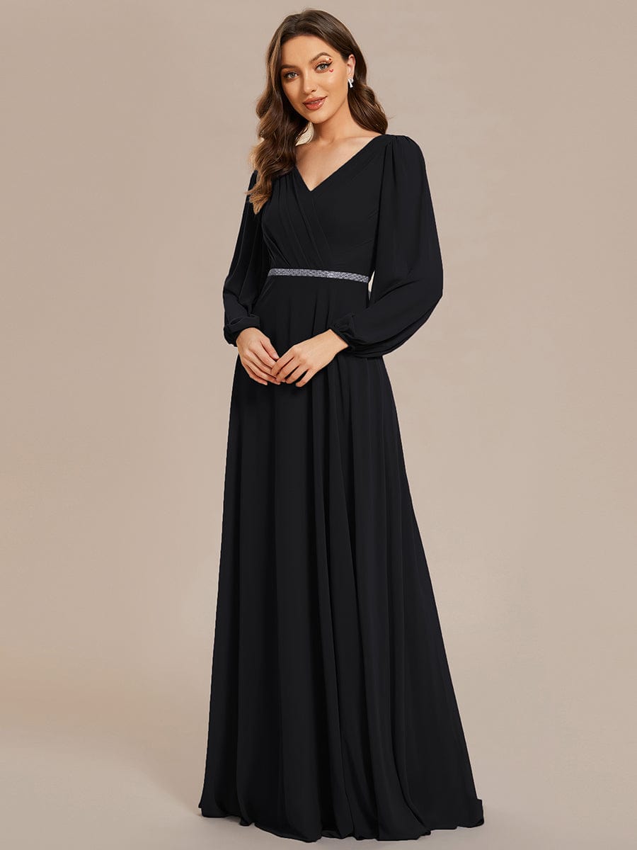 Shiny Belt V-Neck Chiffon Evening Gown with Pleats