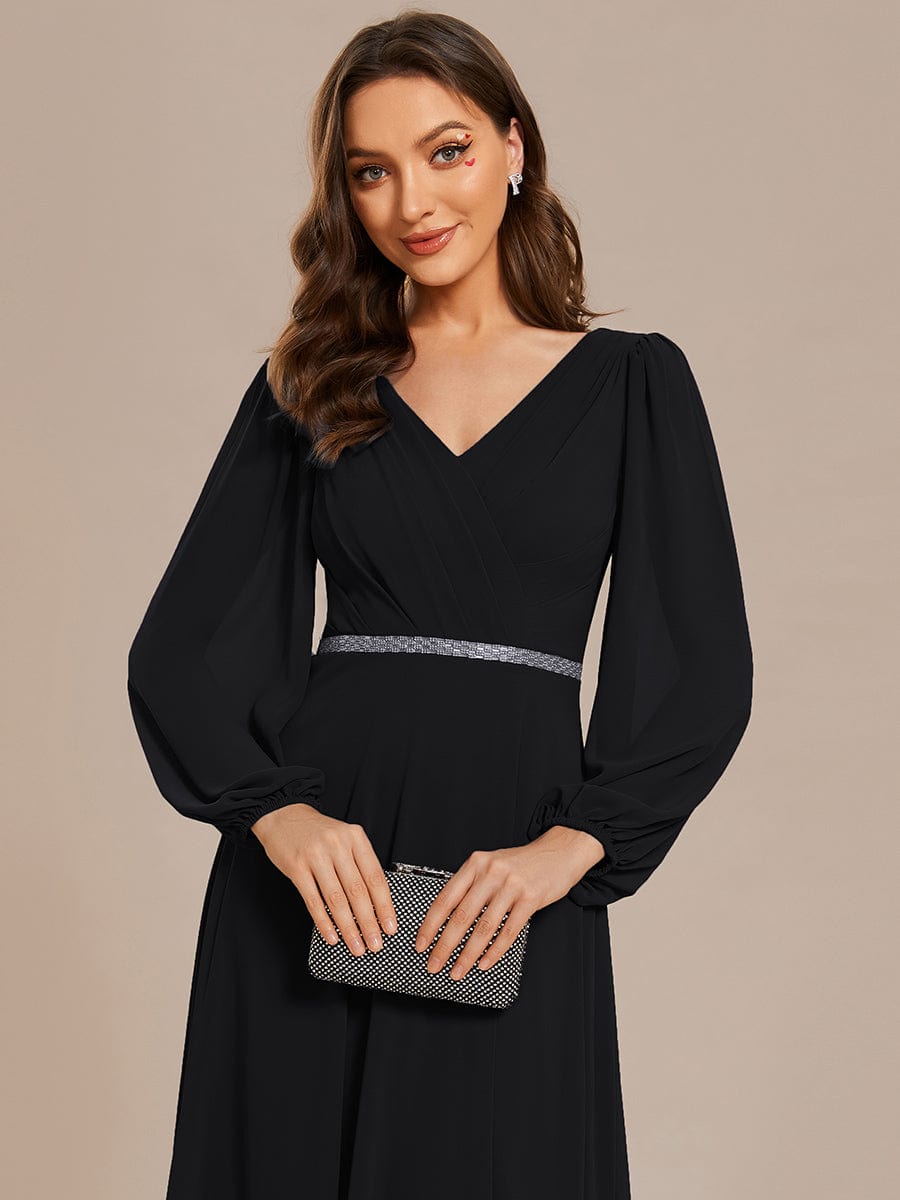 Shiny Belt V-Neck Chiffon Evening Gown with Pleats
