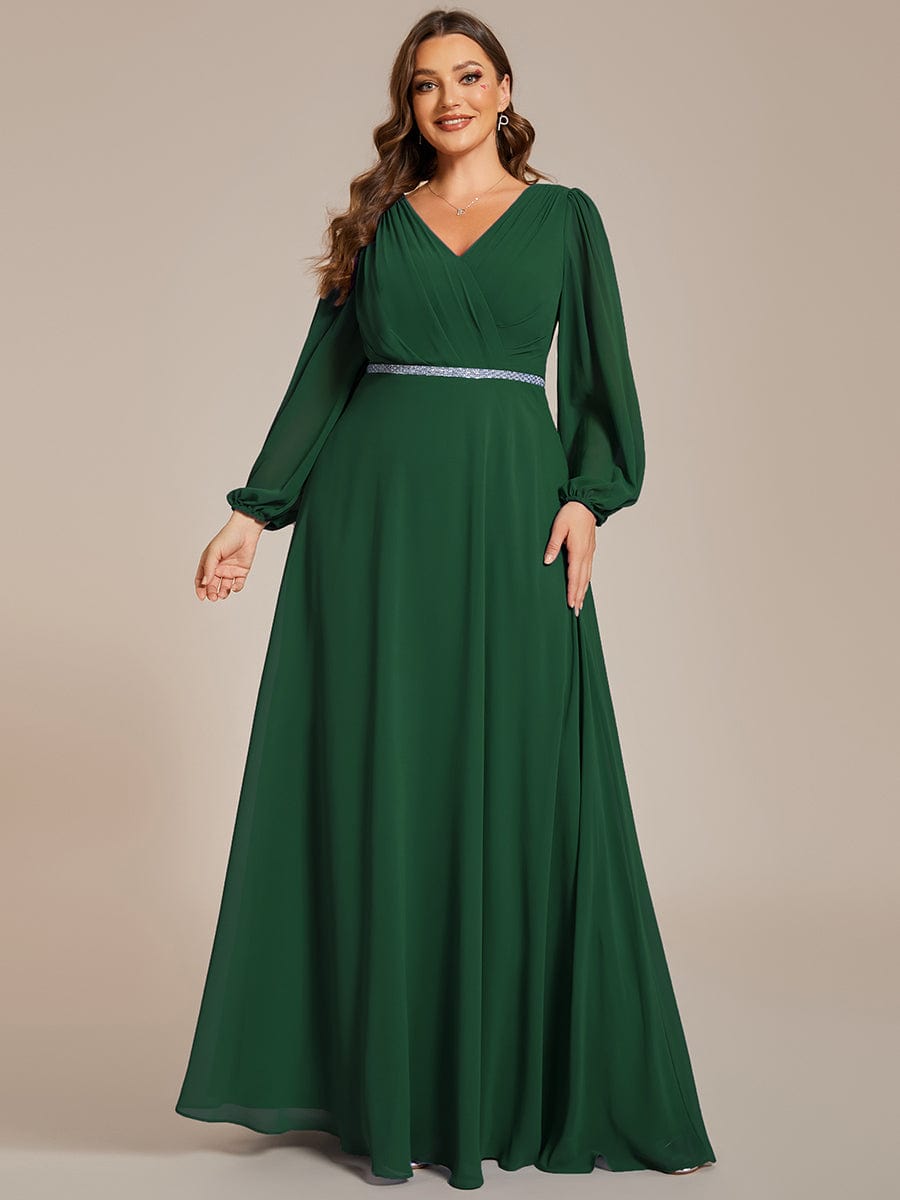 Curve-Enhancing V-Neck Sheer-Sleeved A-Line Chiffon Evening Gown