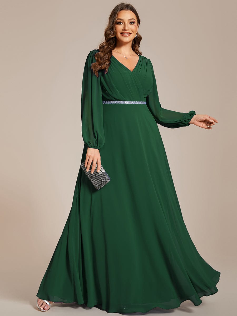 Curve-Enhancing V-Neck Sheer-Sleeved A-Line Chiffon Evening Gown