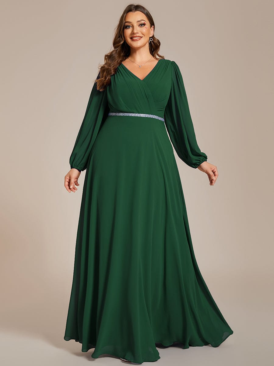 Curve-Enhancing V-Neck Sheer-Sleeved A-Line Chiffon Evening Gown