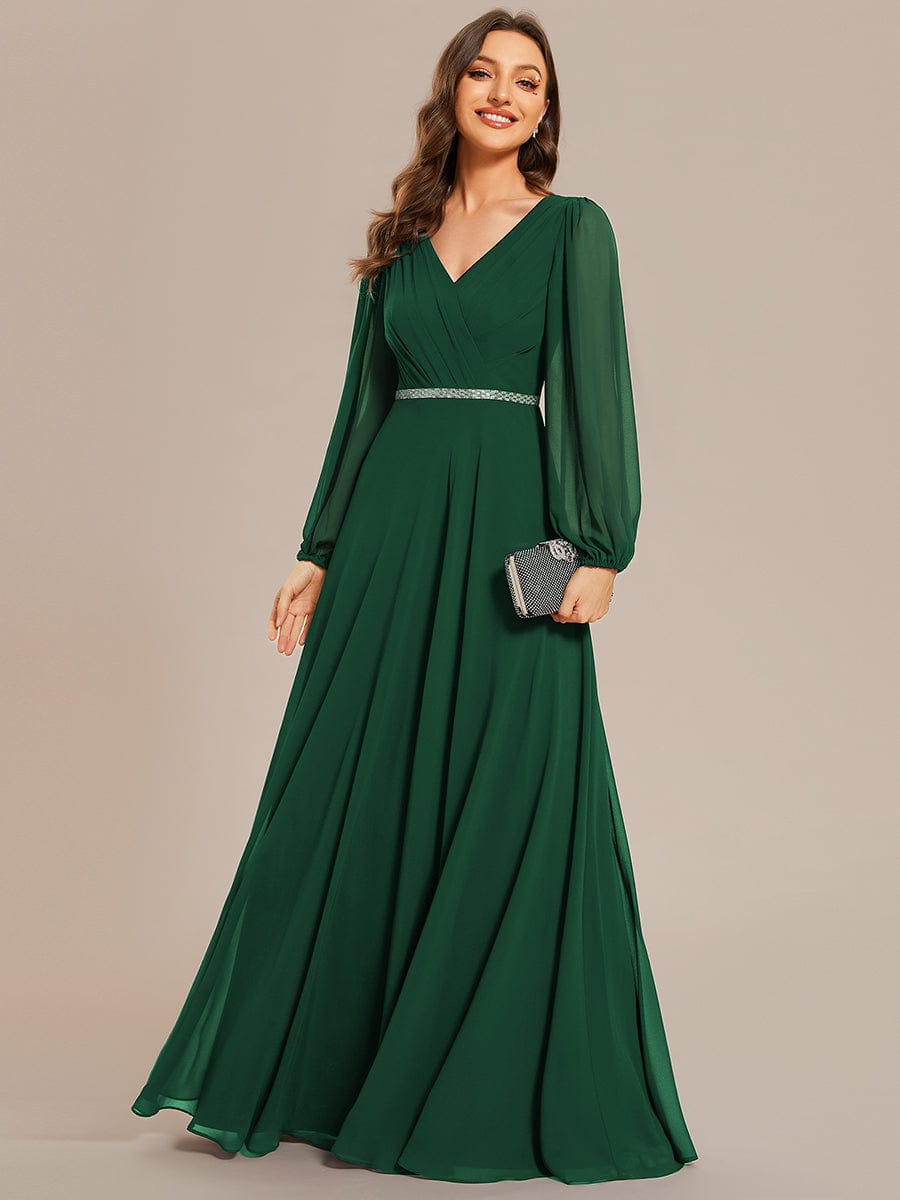Shiny Belt V-Neck Chiffon Evening Gown with Pleats