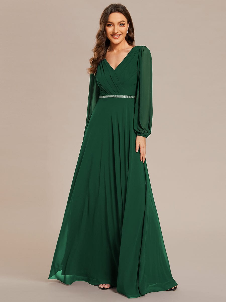 Shiny Belt V-Neck Chiffon Evening Gown with Pleats