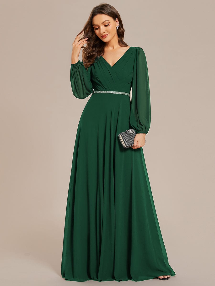 Shiny Belt V-Neck Chiffon Evening Gown with Pleats