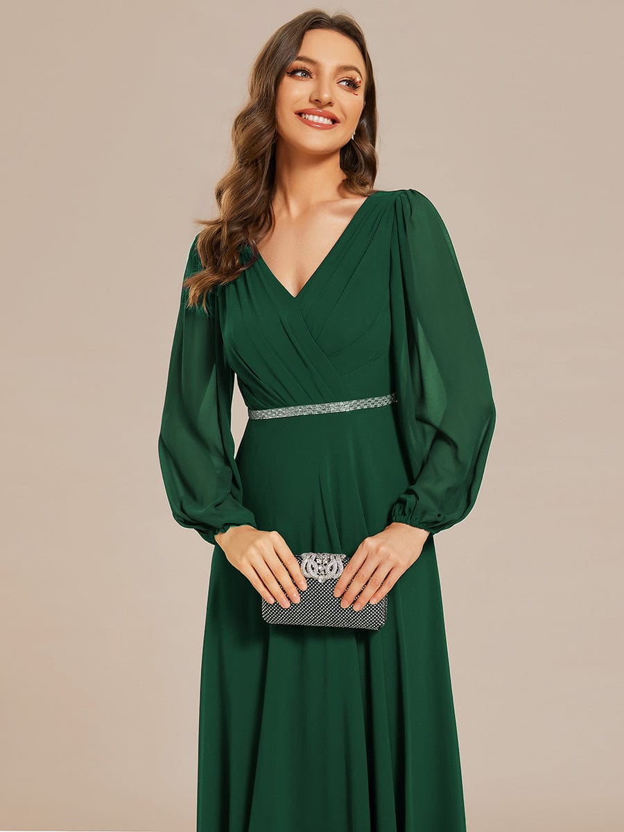 Shiny Belt V-Neck Chiffon Evening Gown with Pleats