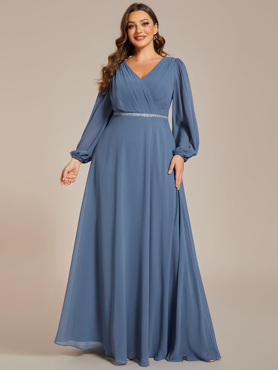 Curve-Enhancing V-Neck Sheer-Sleeved A-Line Chiffon Evening Gown
