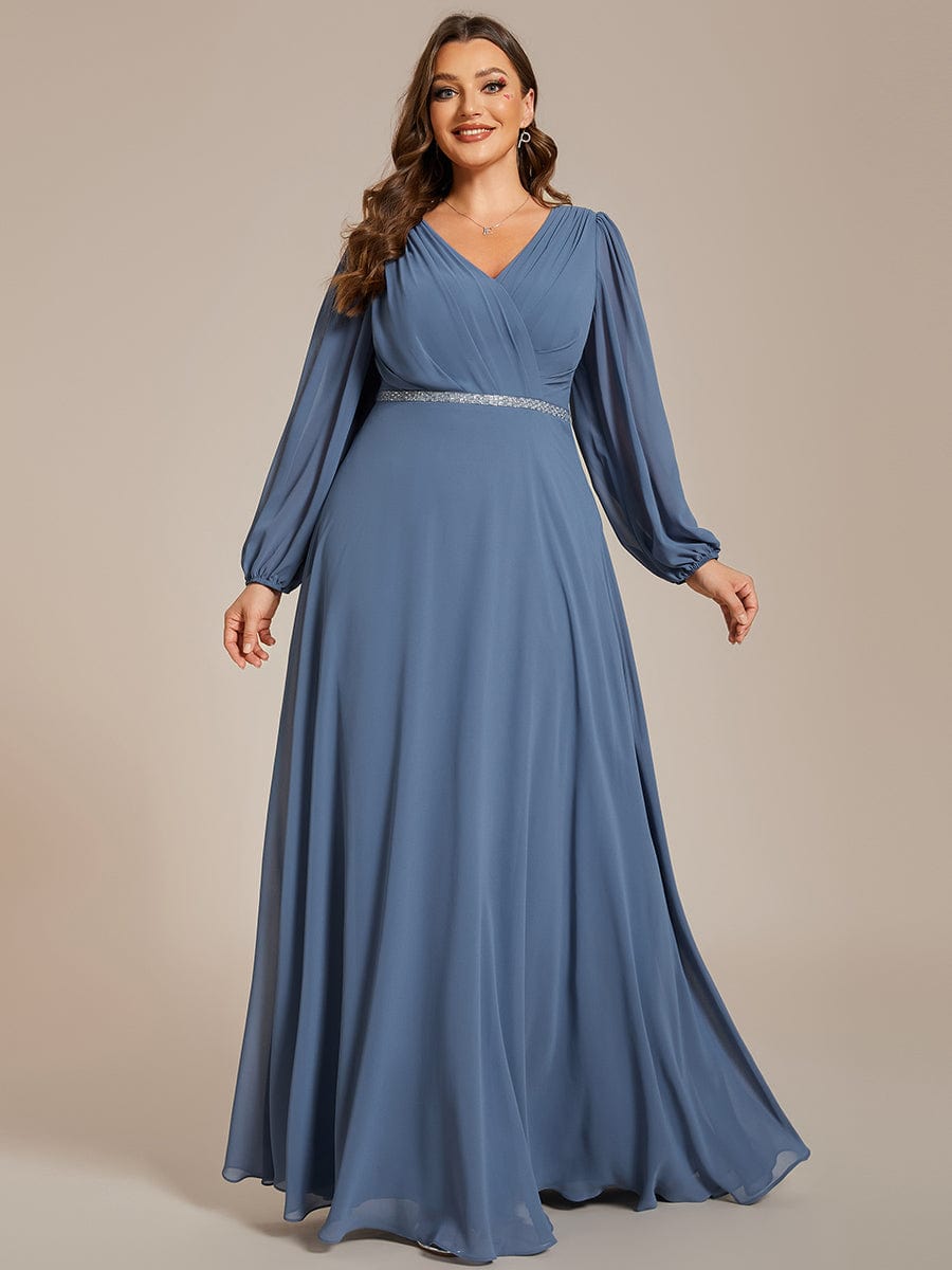 Curve-Enhancing V-Neck Sheer-Sleeved A-Line Chiffon Evening Gown