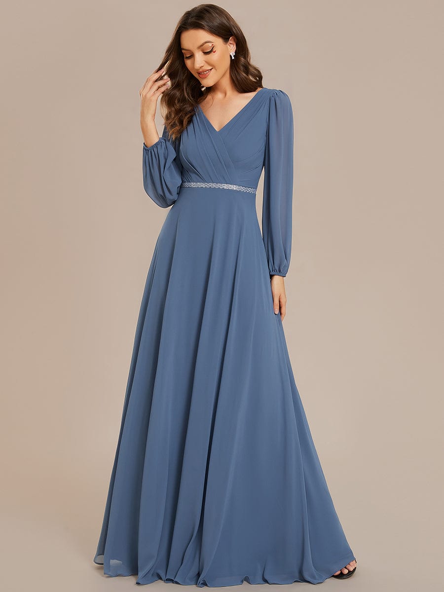 Shiny Belt V-Neck Chiffon Evening Gown with Pleats