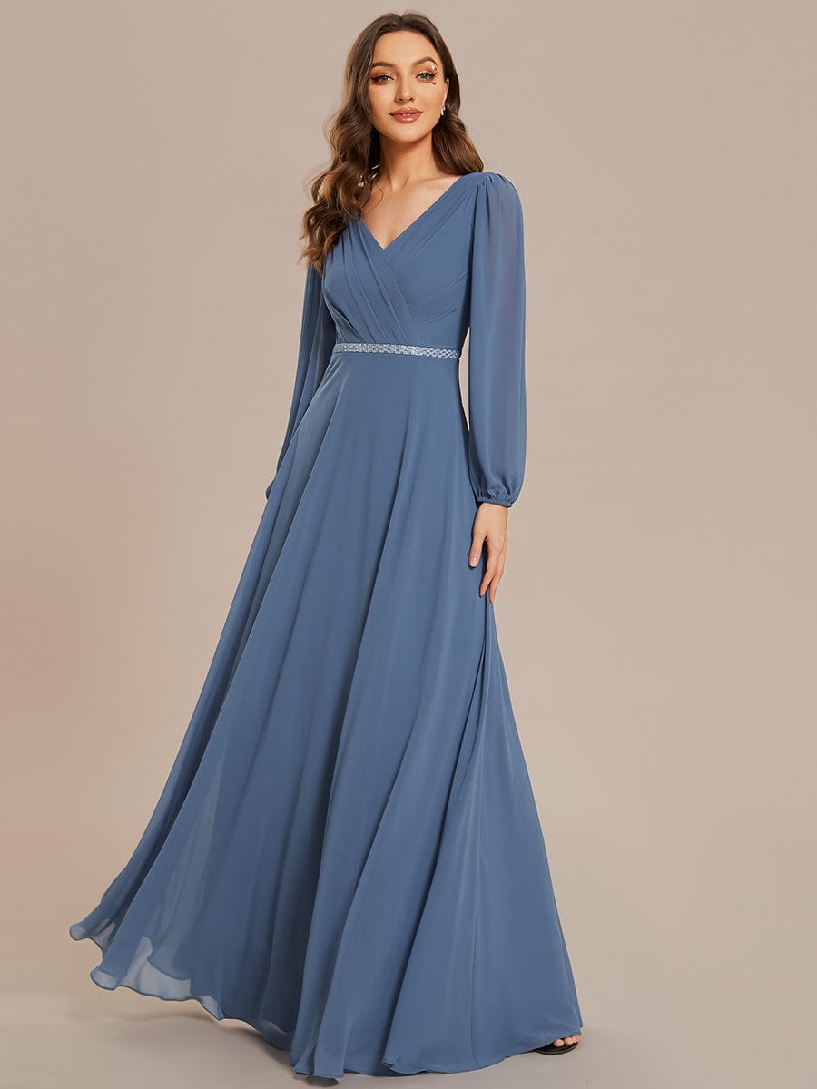Shiny Belt V-Neck Chiffon Evening Gown with Pleats