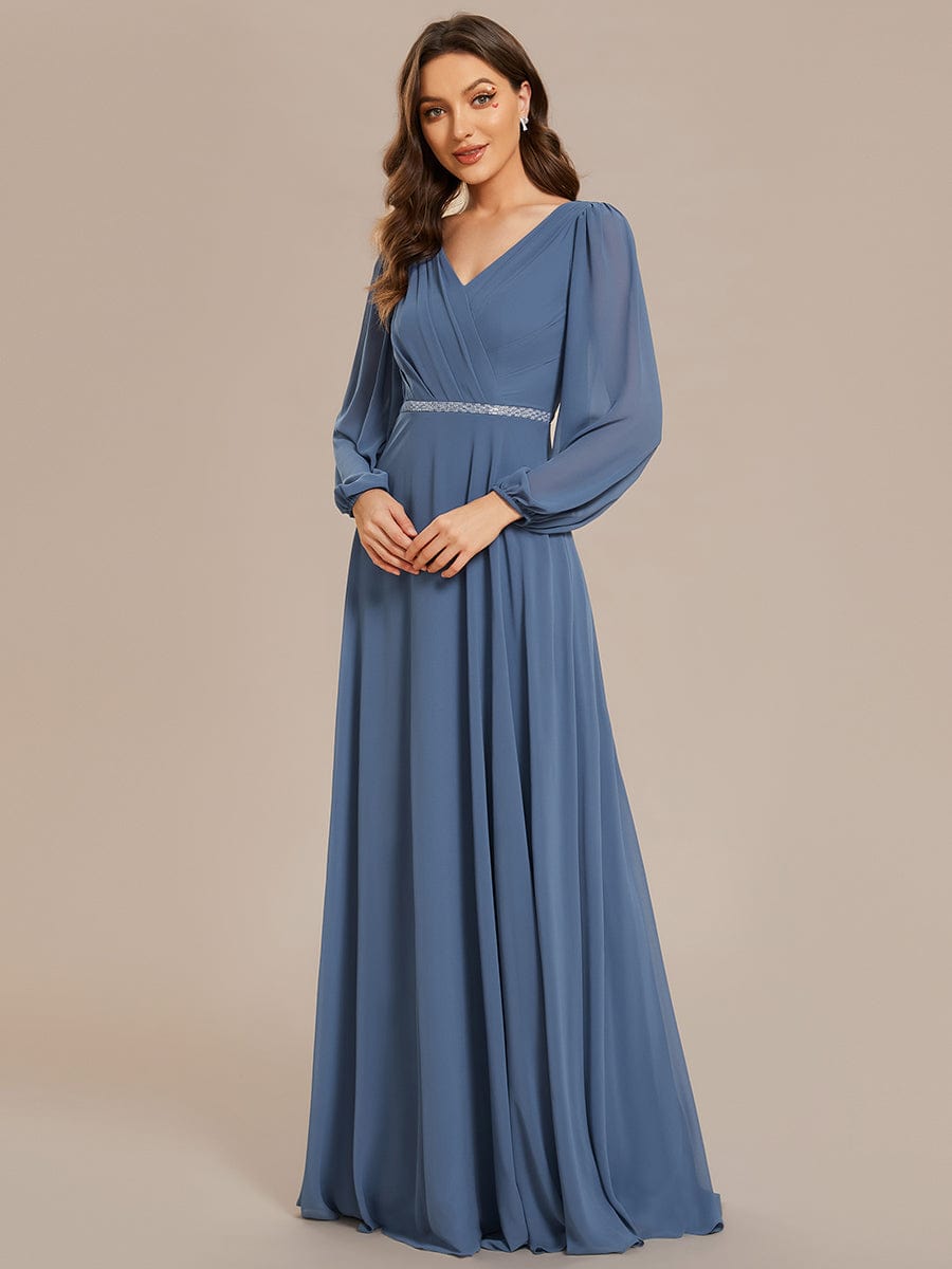 Shiny Belt V-Neck Chiffon Evening Gown with Pleats