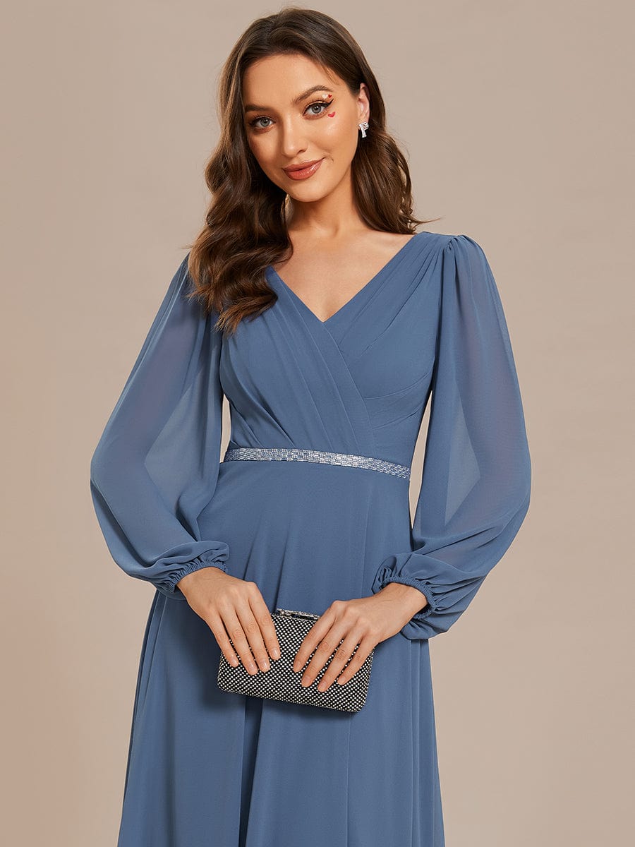 Shiny Belt V-Neck Chiffon Evening Gown with Pleats