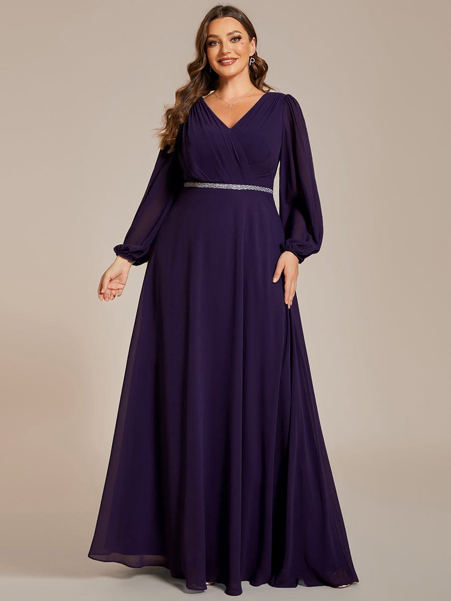 Curve-Enhancing V-Neck Sheer-Sleeved A-Line Chiffon Evening Gown