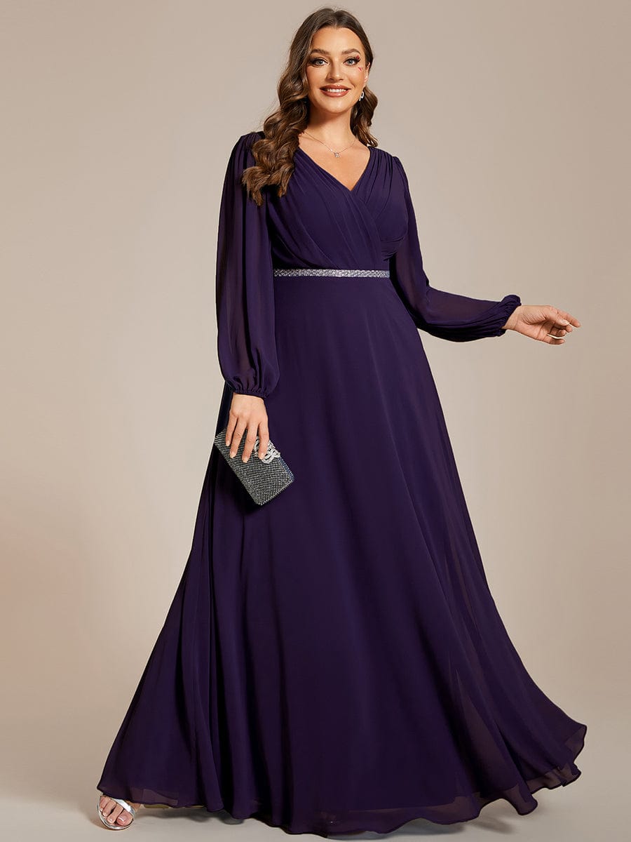 Curve-Enhancing V-Neck Sheer-Sleeved A-Line Chiffon Evening Gown