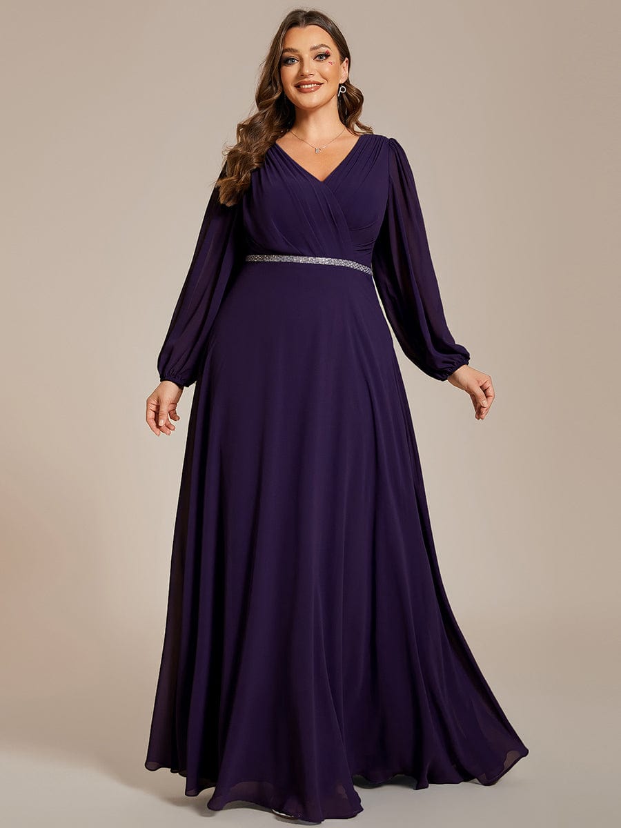 Curve-Enhancing V-Neck Sheer-Sleeved A-Line Chiffon Evening Gown