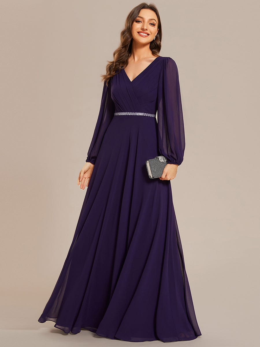 Shiny Belt V-Neck Chiffon Evening Gown with Pleats