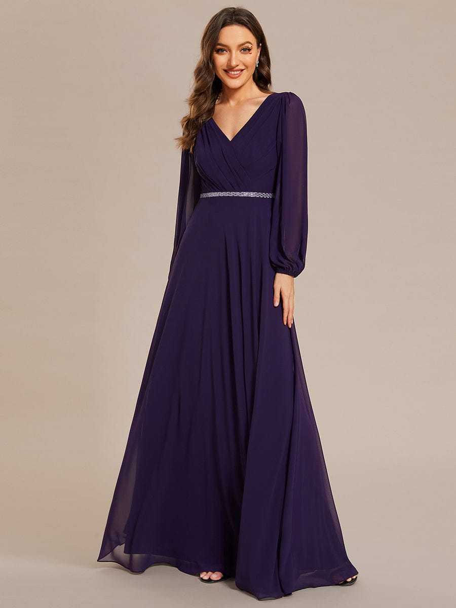 Shiny Belt V-Neck Chiffon Evening Gown with Pleats
