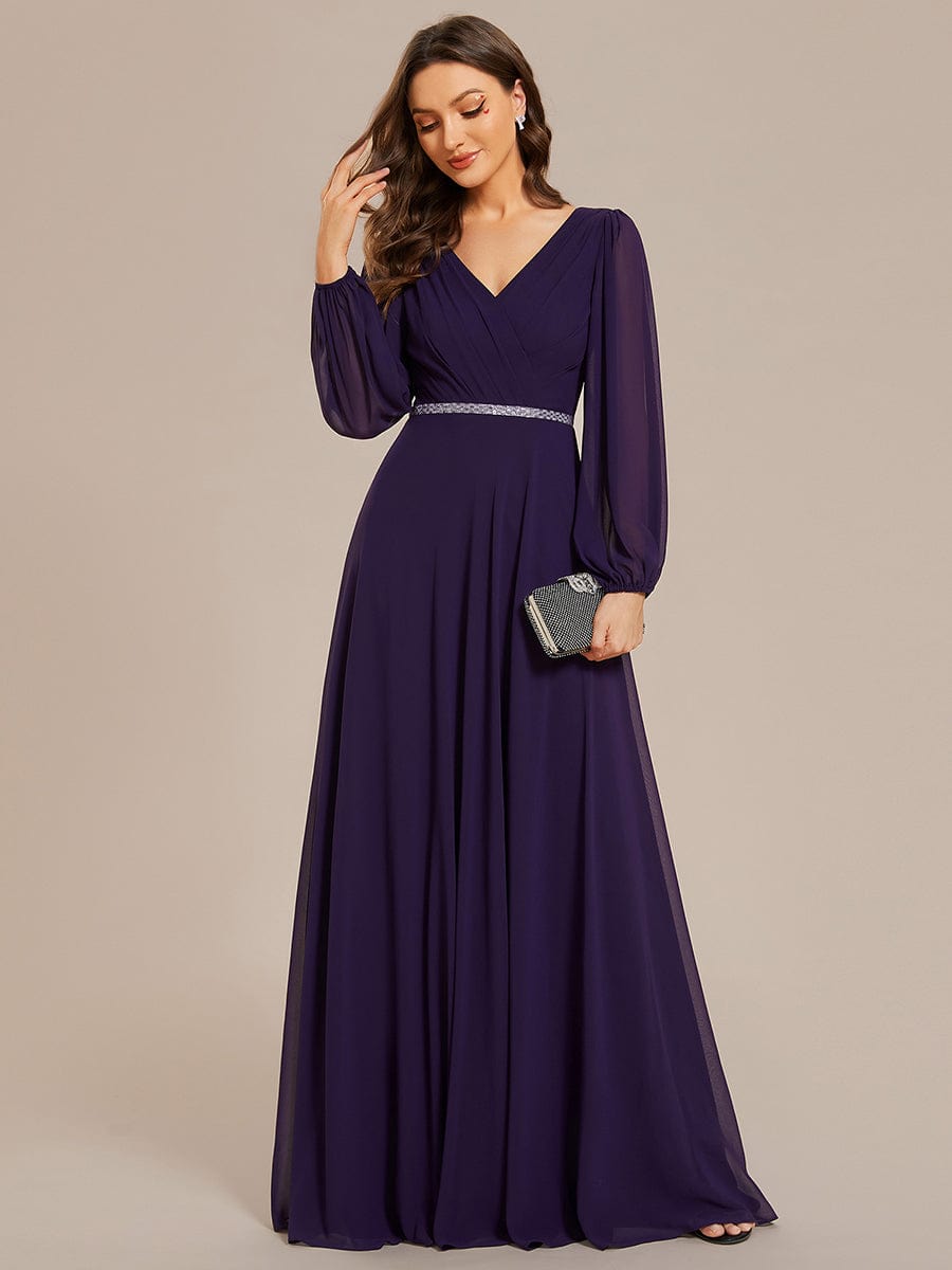 Shiny Belt V-Neck Chiffon Evening Gown with Pleats
