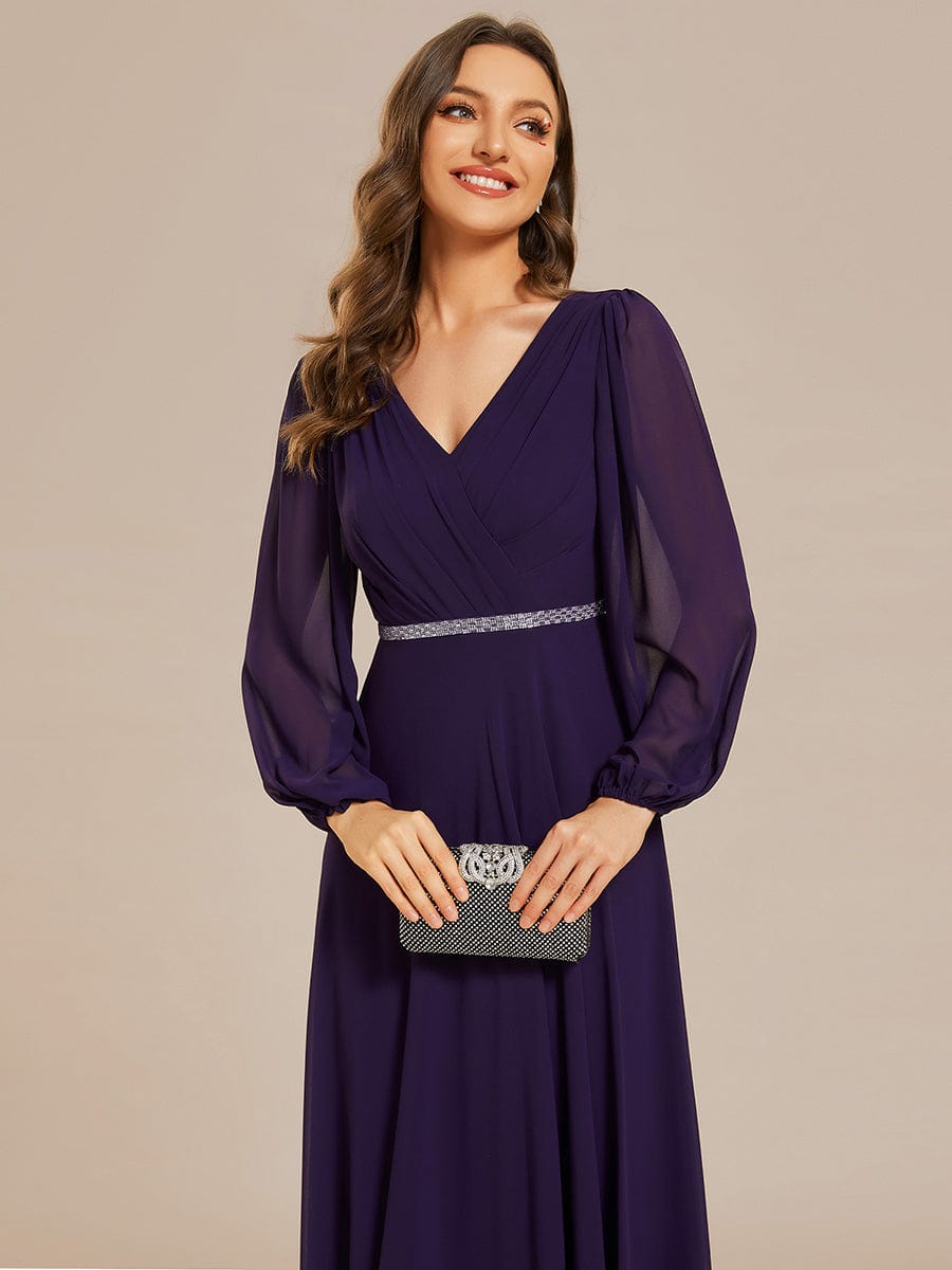Shiny Belt V-Neck Chiffon Evening Gown with Pleats