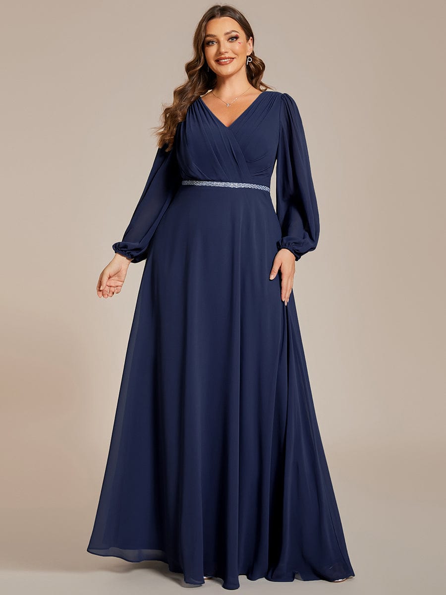 Shiny Belt V-Neck Chiffon Evening Gown with Pleats