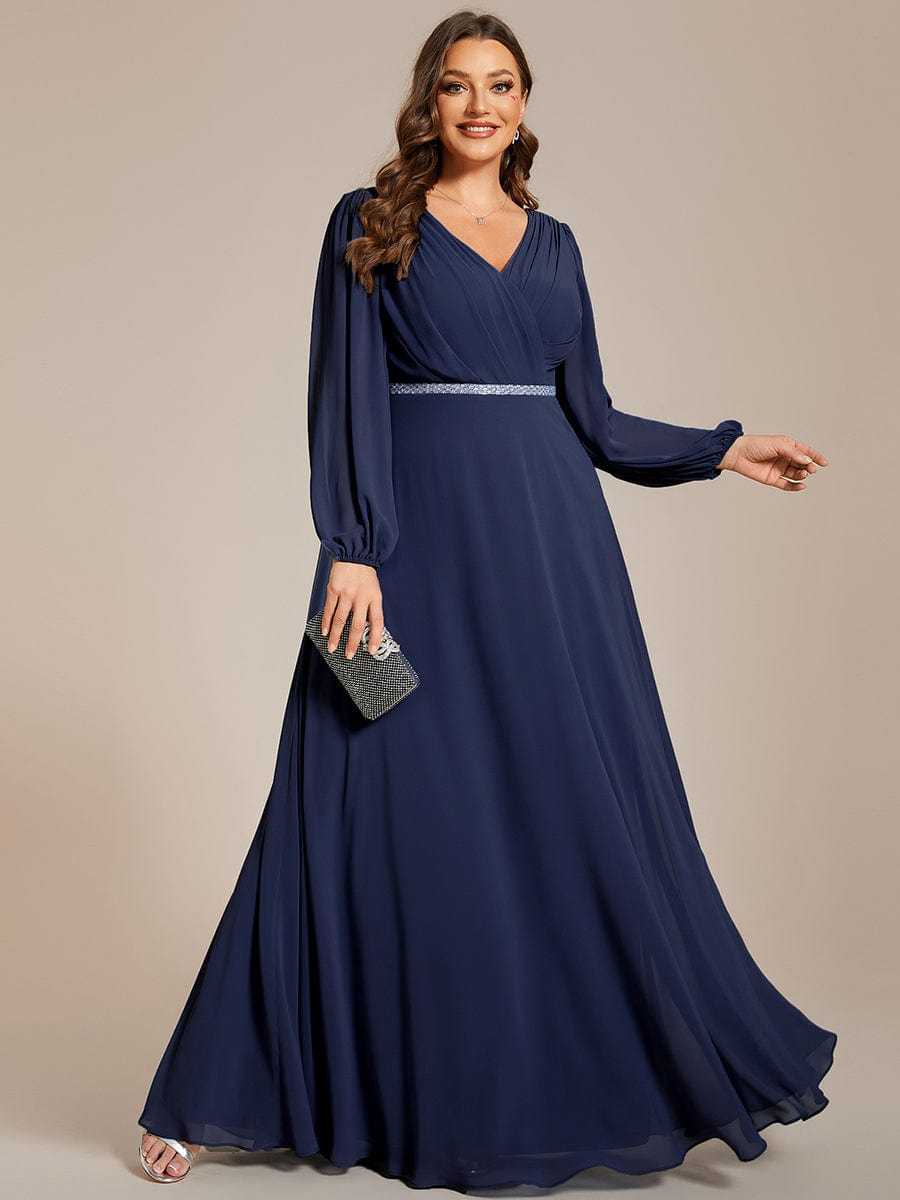 Curve-Enhancing V-Neck Sheer-Sleeved A-Line Chiffon Evening Gown