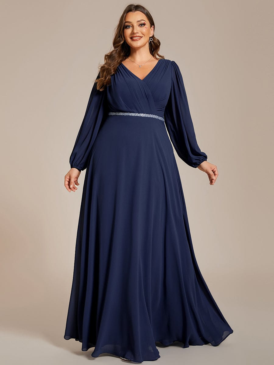 Curve-Enhancing V-Neck Sheer-Sleeved A-Line Chiffon Evening Gown