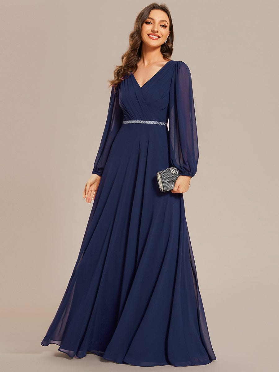 Shiny Belt V-Neck Chiffon Evening Gown with Pleats