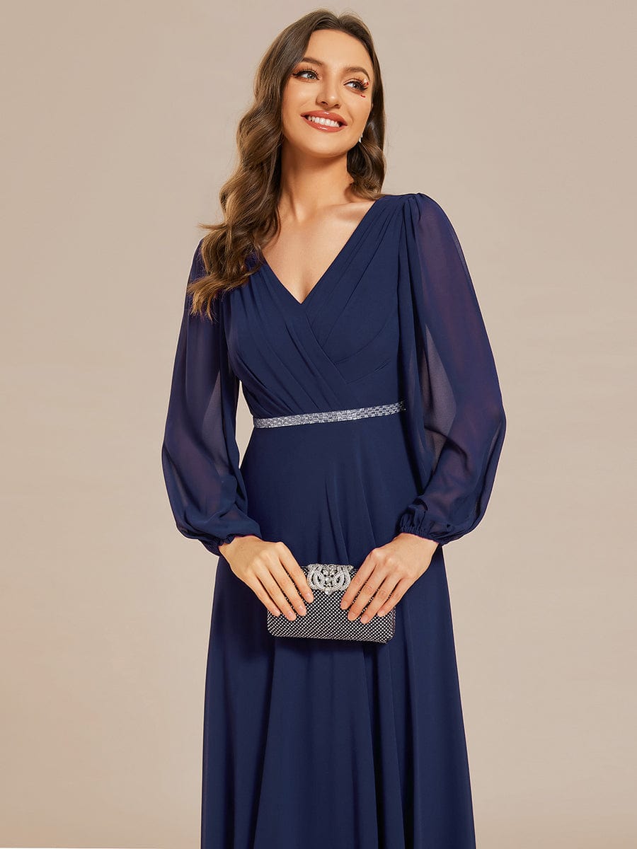 Shiny Belt V-Neck Chiffon Evening Gown with Pleats
