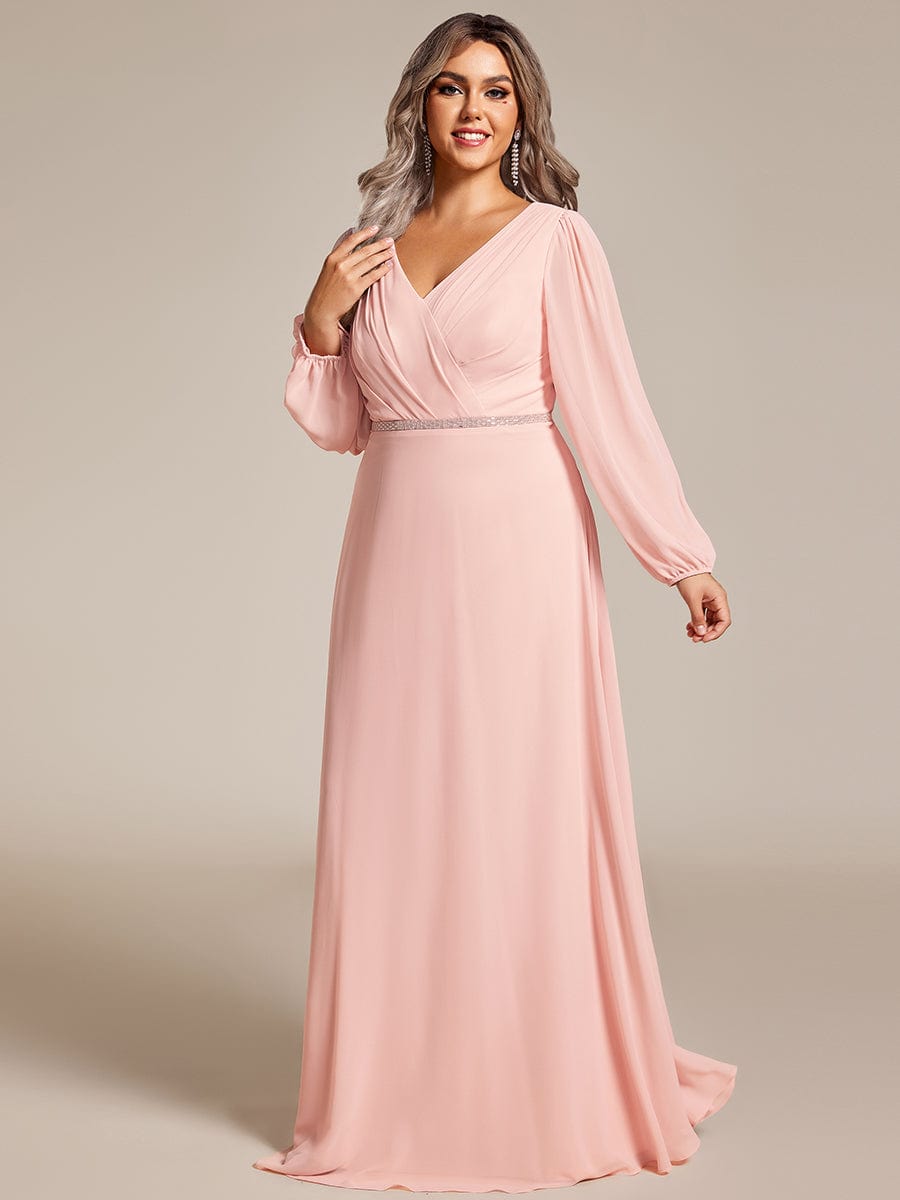 Curve-Enhancing V-Neck Sheer-Sleeved A-Line Chiffon Evening Gown